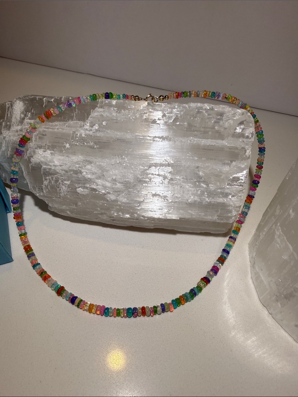 Handcrafted Multicolor opal Bead Necklace for Women 14k solid yellow gold 16